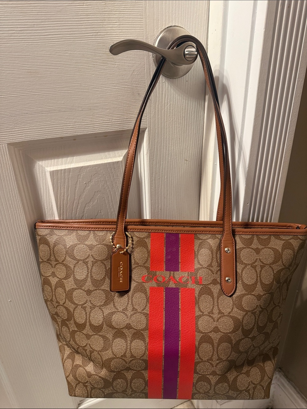 COACH F38405 Varsity Stripe City Zip Tote Bag Red Purple Signature Canvas - Picture 7 of 8